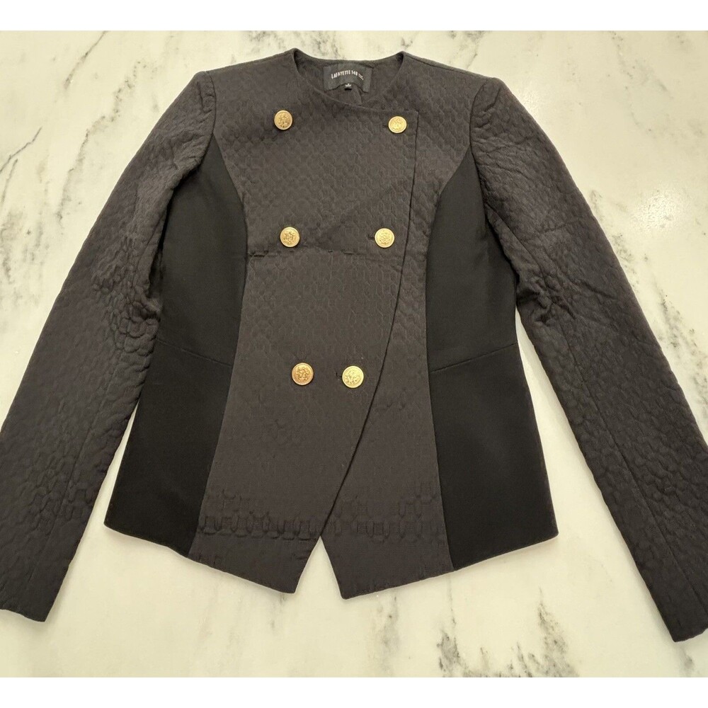 Lafayette 148 Black Military Cutaway Style Jacket Sz4 Long Sleeve Gold Button